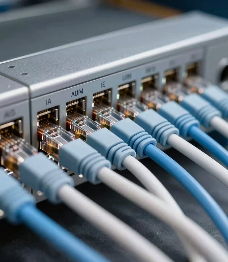 Photography of a close-up networking patch panel with light blue-white ethernet cables neatly organized, high-tech North American infrastructure, shallow depth of field, professional lighting.