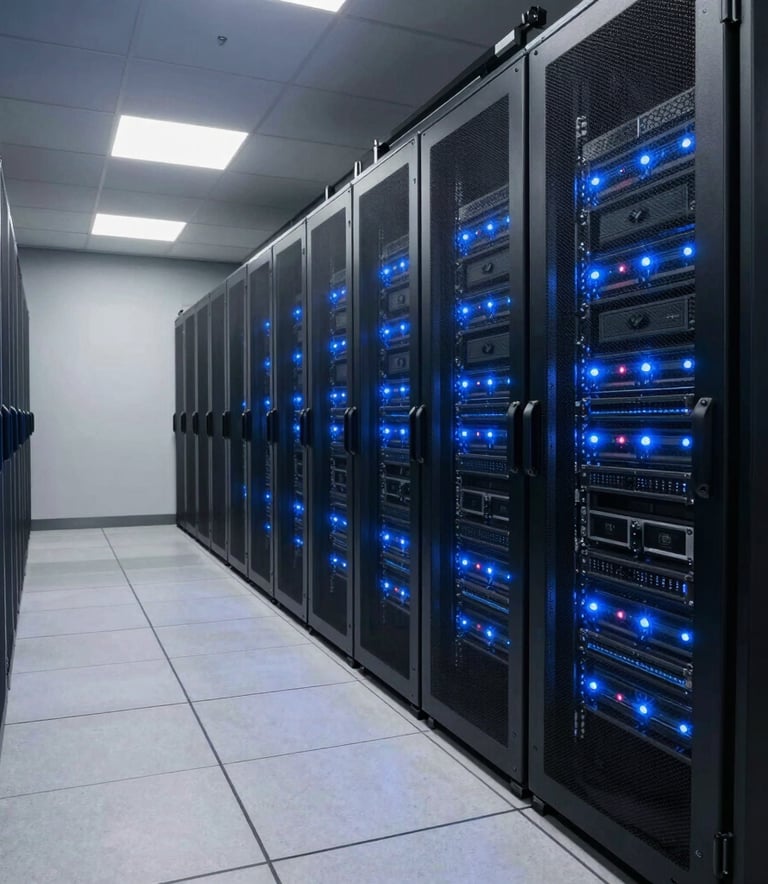 Photography of a modern North American data center, rows of server racks with soft deep sapphire blue LED lights, clean floor, wide angle view.