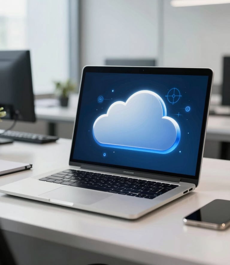 A bright, clean North American office workspace showing a sleek laptop display with a digital cloud connectivity graphic in shades of blue and silver.