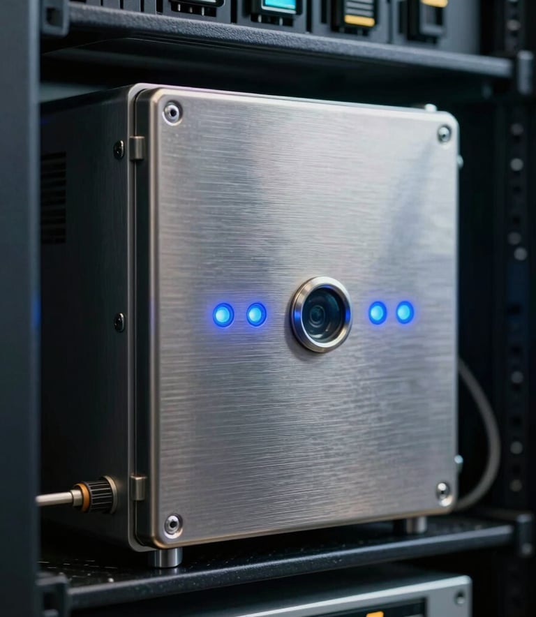 A close-up photograph of a secure, brushed-metal hardware security module in a North American data center, with soft blue indicator lights reflecting on the surface.