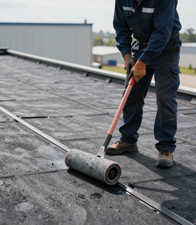 A skilled roofing professional in a dark blue uniform using a hand roller to seal a seam on a clean gray rubber roof, North American commercial building.