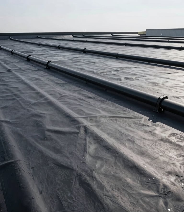A wide-angle photography shot of a perfectly finished commercial rubber roof with modern drainage systems. The lighting is bright and clear, emphasizing the durable and technical waterproof texture of the EPDM membrane in a North American / US industrial setting.