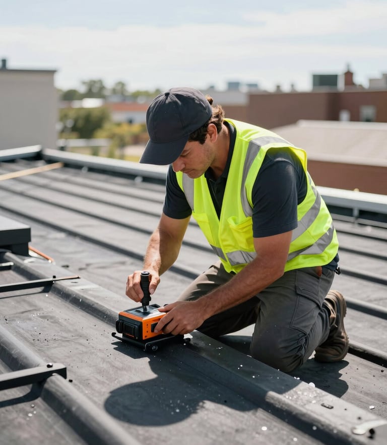 A professional roofing contractor in a safety vest using a digital tool to inspect the integrity of a black flat roof. Sharp focus, technical feel, bright daylight in a North American / US urban environment.