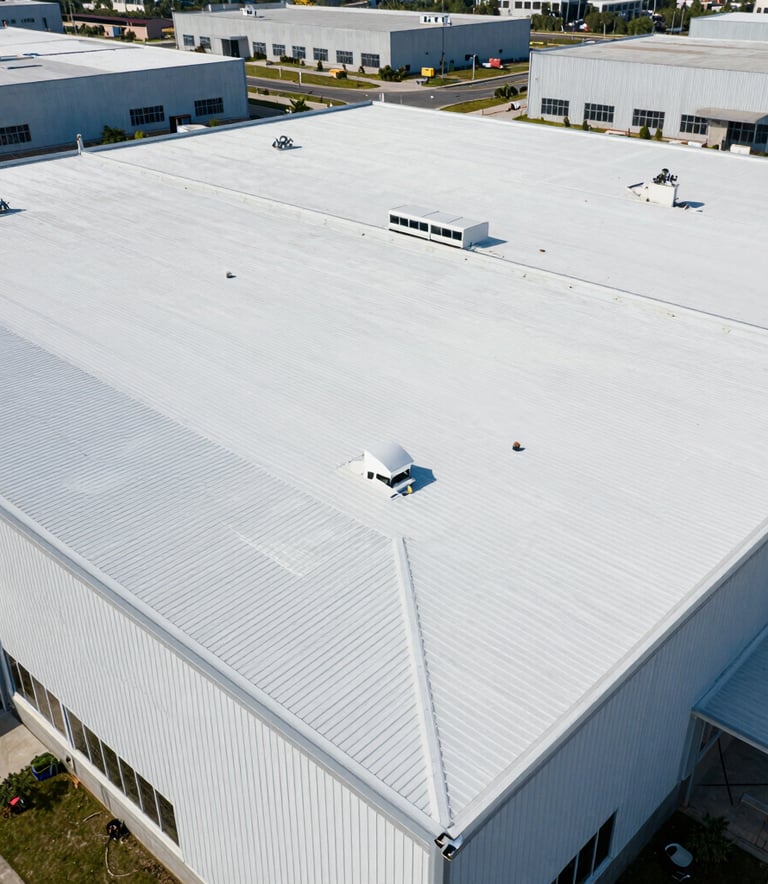 Aerial view of a perfectly installed white rubber roof on a large commercial building, clean lines, bright daylight, North American industrial park.
