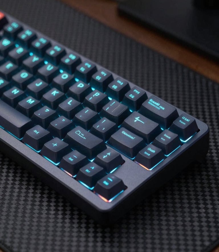 A close-up photograph of a sleek, dark mechanical keyboard with individual keys backlit in a vibrant cyan light, sitting on a carbon fiber desk in a dimly lit studio, Global / International.