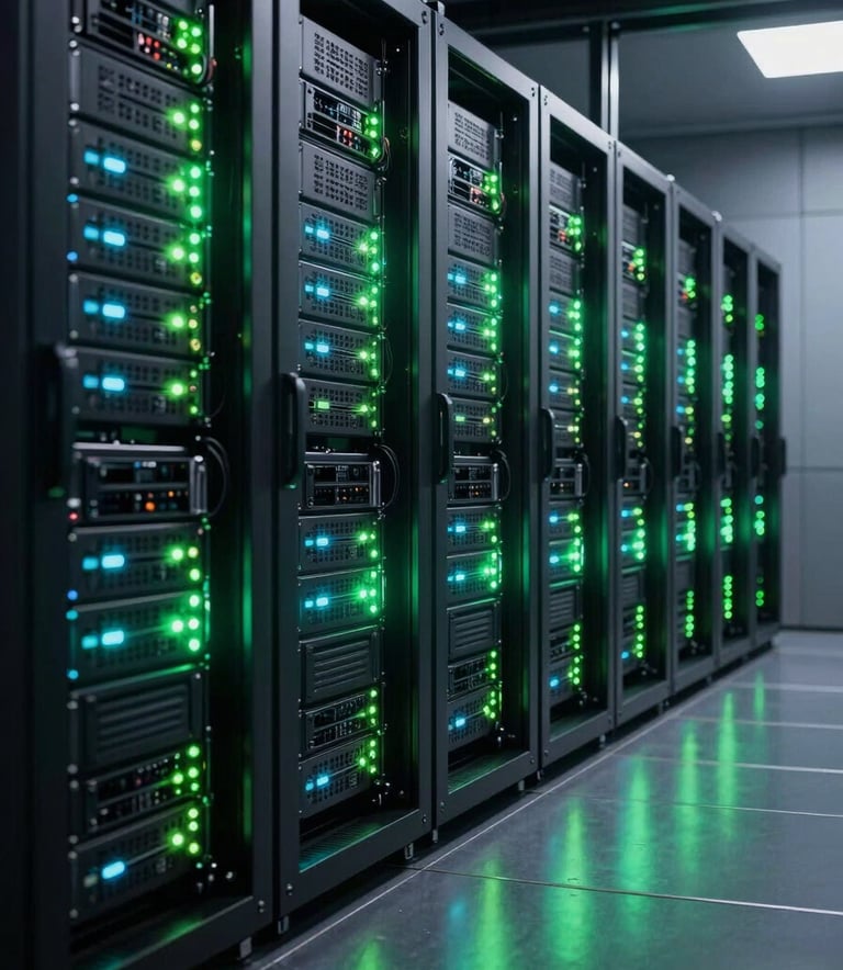 A wide photography shot of a futuristic server room with sleek black hardware and long rows of blinking neon green and cyan status lights, reflecting on a polished black floor, Global / International.