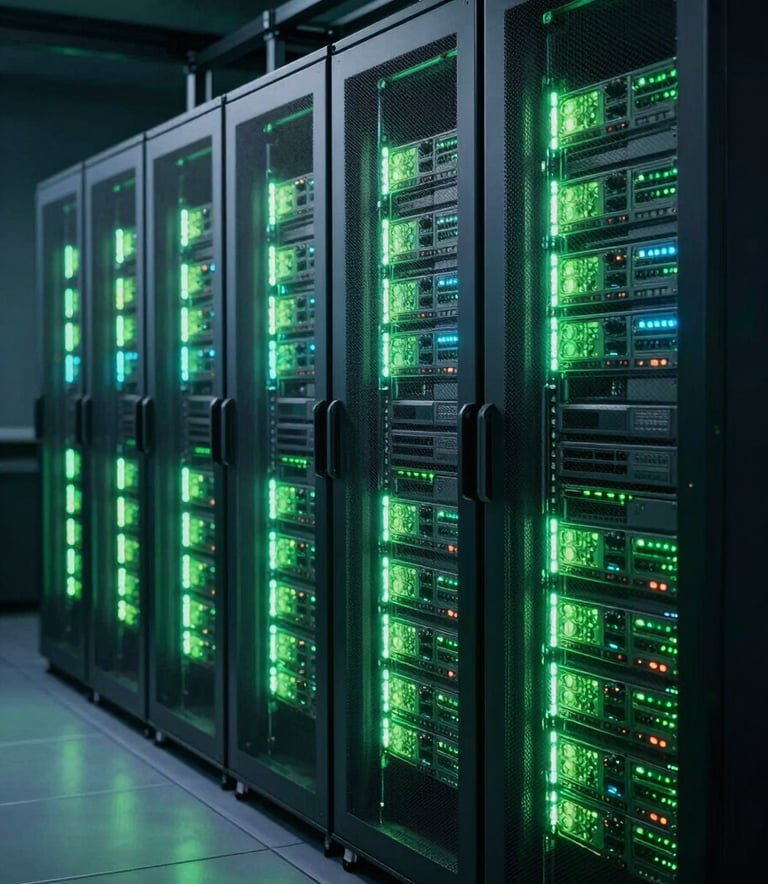 A professional wide shot of a high-tech server room at night, with rows of server racks emitting a soft neon green and cyan glow, creating a futuristic atmosphere, Global / International.