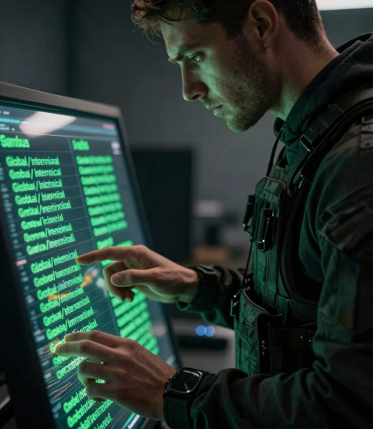 A close-up, dramatic side profile of a tech expert in a dark tactical hoodie, face partially obscured by shadow, working on a transparent digital display with glowing neon green text, Global / International setting, cinematic lighting.