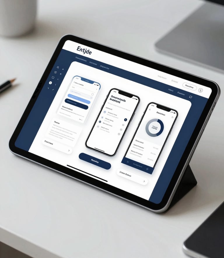A top-down view of a modern workstation. A tablet shows digital wireframes for a new mobile application. The color palette includes #8FA39A and #1A2B3B, conveying a professional and innovative development environment.