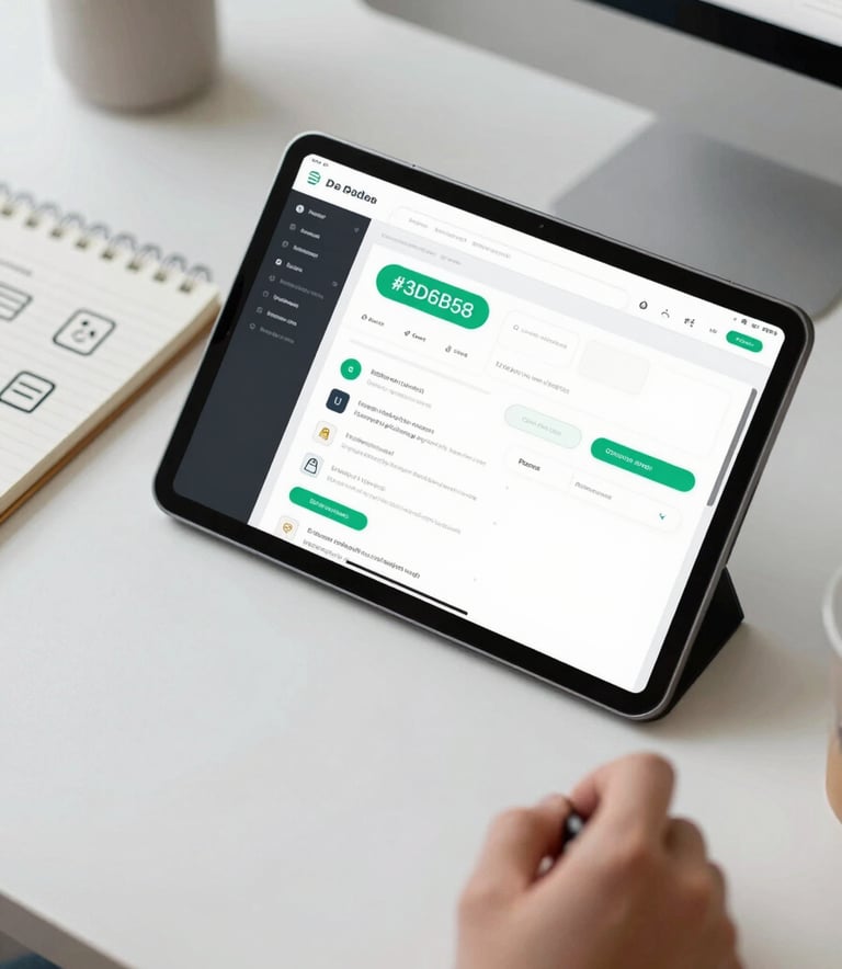 A top-down view of a professional developer workspace. A sleek tablet displays a user interface wireframe with #3D6B58 accents. Beside it, a notepad contains sketches of app icons. The lighting is bright and clean, reflecting an innovative and organized atmosphere.