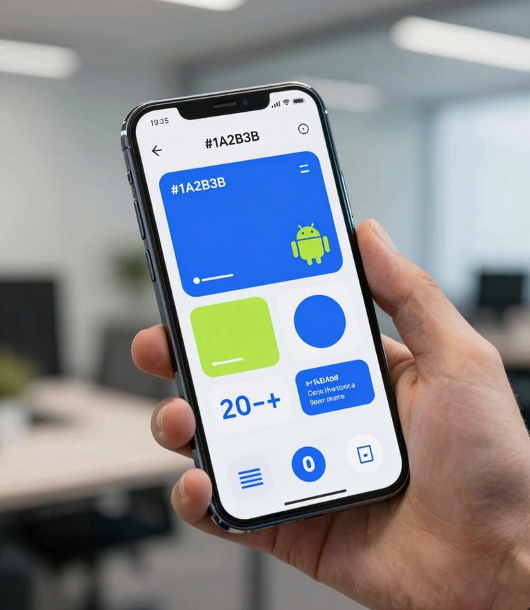 A high-resolution photograph of a modern smartphone held in a hand, showing a vibrant, user-friendly Android app interface with creative geometric shapes and #1A2B3B branding. The background is a blurred, professional office setting.