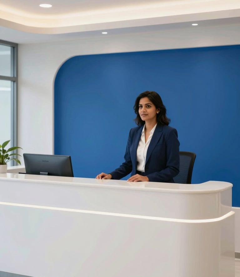 A sleek and modern South Asian / Indian corporate reception area with Royal Blue branding and minimalist Soft Pearl White furniture, projecting success and professionalism.