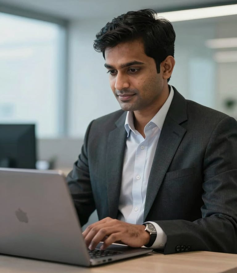 A professional in a modern South Asian / Indian office environment looking at a laptop with a focused and confident expression, clean corporate lighting with soft sky blue accents in the background, high-quality professional photography.