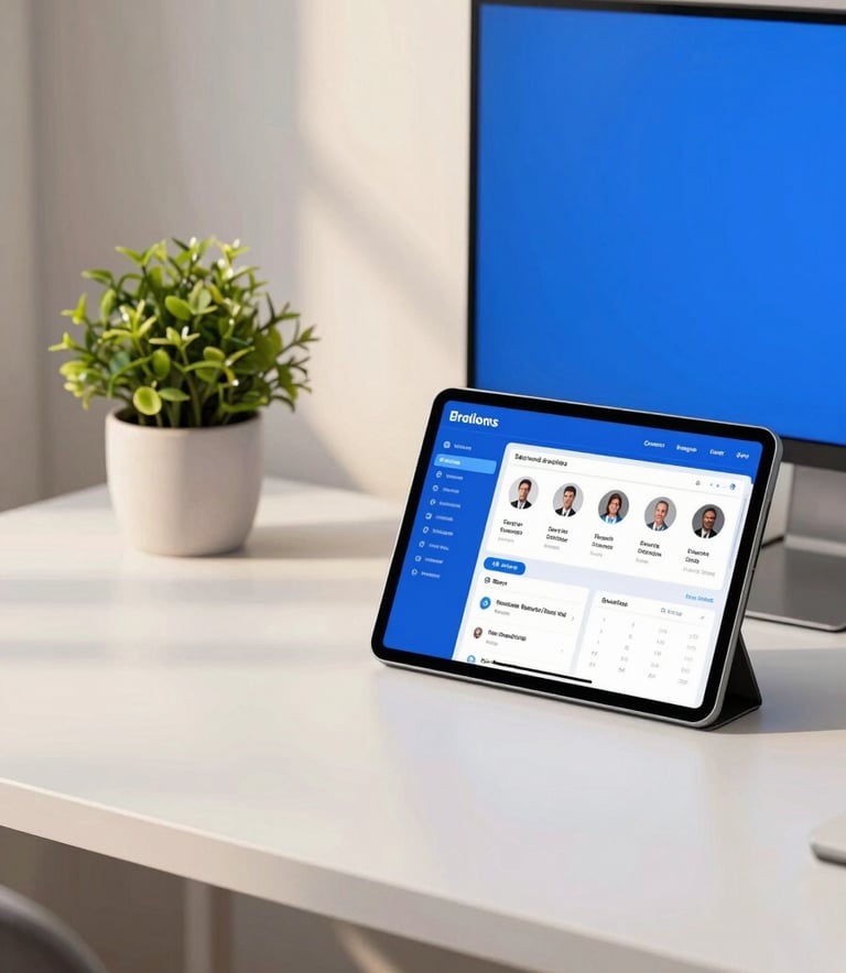 A modern South Asian / Indian workspace with a clean desk, a small plant, and a tablet showing a professional dashboard, soft morning light illuminating the scene, vibrant royal blue and off-white color palette.