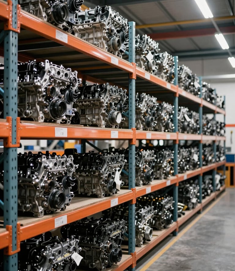 An organized and clean warehouse of a European car parts business. Rows of engines and mechanical components on high-quality shelving systems, illuminated with bright, professional lighting.
