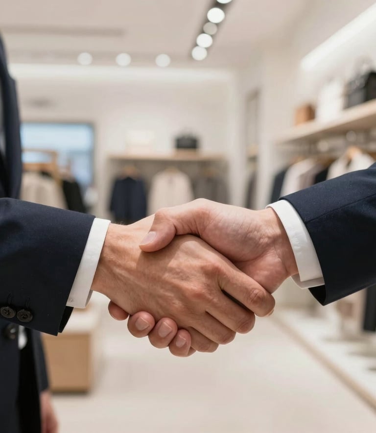 A close-up photograph of a professional handshake between two business owners in a bright, modern European retail store. Sharp focus on the hands, soft lighting, depth of field showing a clean shop interior in the background.