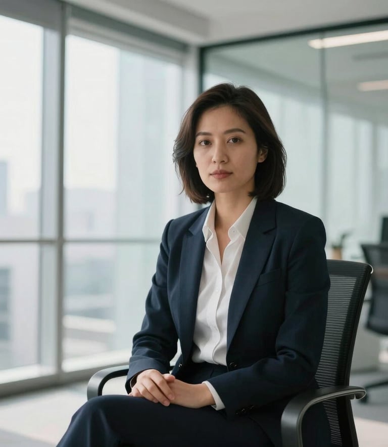 Portrait of a confident, sharp solo recruiter sitting in a bright, modern glass-walled office in North America. Wearing professional business-casual attire, direct gaze, natural lighting, minimalist setting.