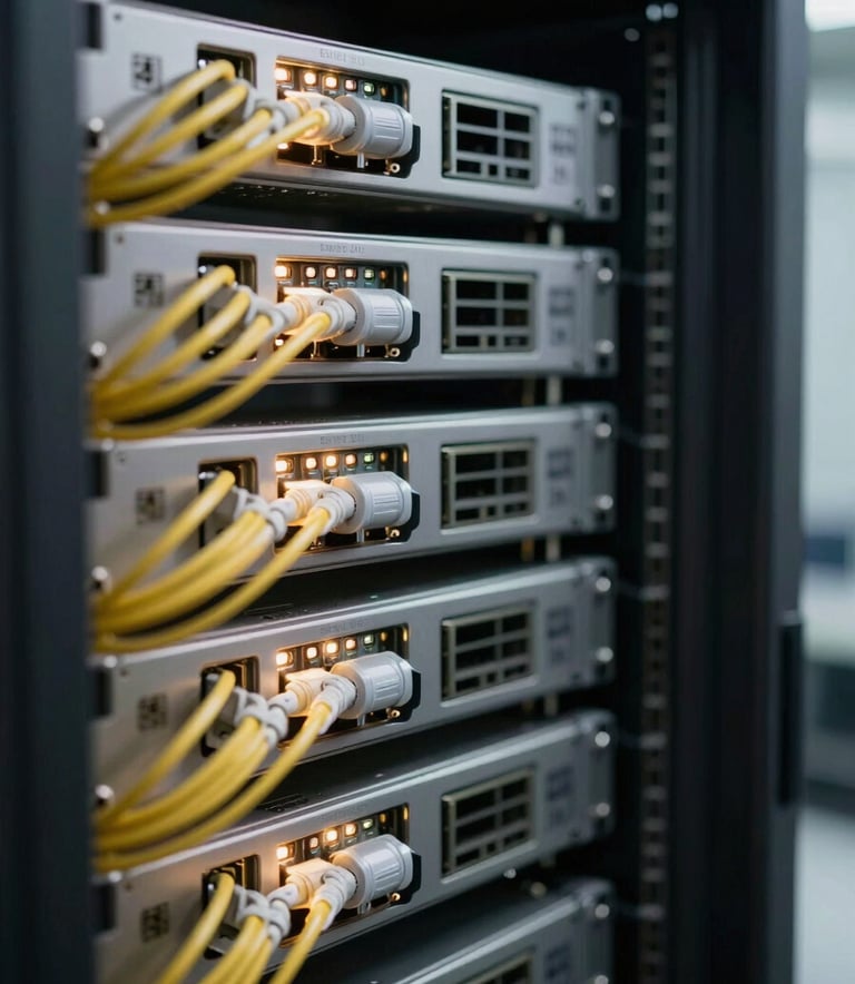 A close-up of carrier-grade network servers and glowing fiber optic cables in a pristine data center located in Mexico, shallow depth of field, sharp focus on technology.