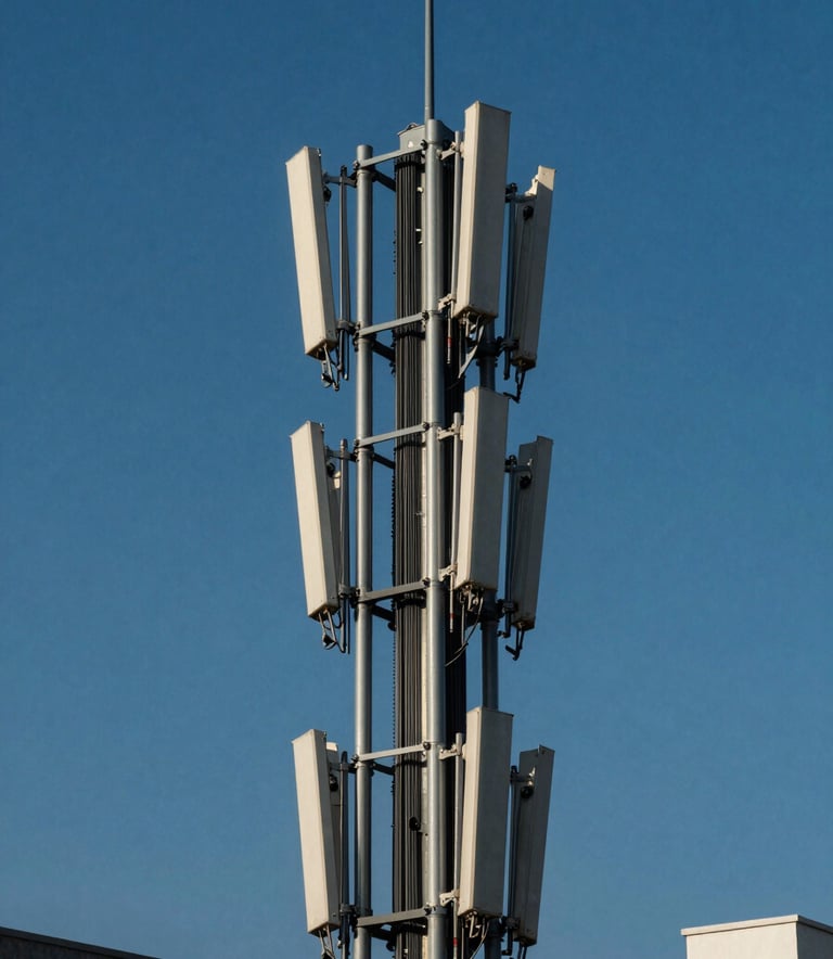 A high-angle architectural photograph of a sleek telecommunications tower against a clear deep blue sky in a modern Mexican metropolitan district, sunlight reflecting on metallic surfaces, sharp focus, carrier-grade infrastructure style.