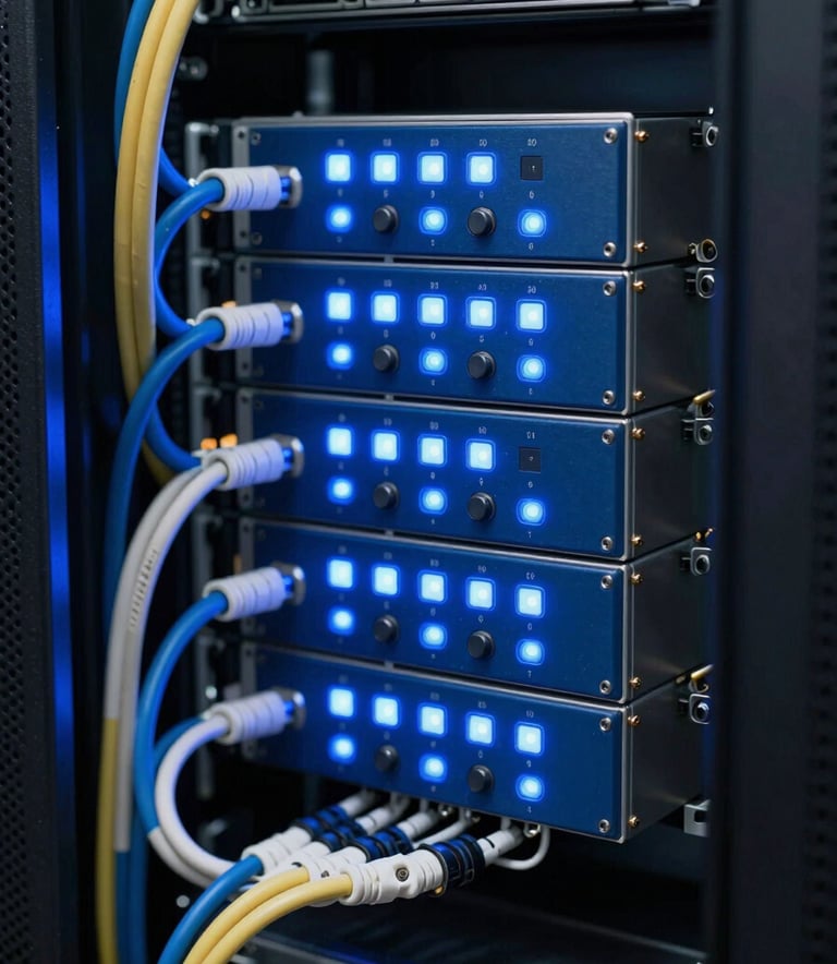 Close-up photography of professional IoT hardware in a server room, glowing light blue indicators against deep blue hardware, organized cables, industrial technology aesthetics, high-tech operation center in Mexico.