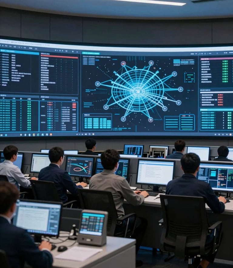 A high-tech control center in a modern office in Mexico City, showing large digital screens with data visualizations, network maps, and glowing blue accents, professional atmosphere.