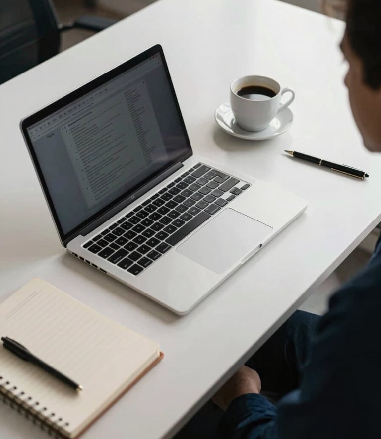 A high-angle shot of a modern Latin American office desk with a laptop, a notebook, and a cup of coffee, lit by soft morning light, featuring deep blue and off-white tones.