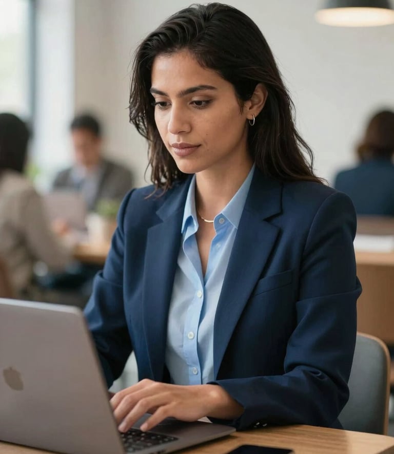 A professional Latin American woman working on a laptop in a bright, modern co-working space, looking confident and calm. High-end photography style with shallow depth of field, featuring a color palette of navy blue and light blue.