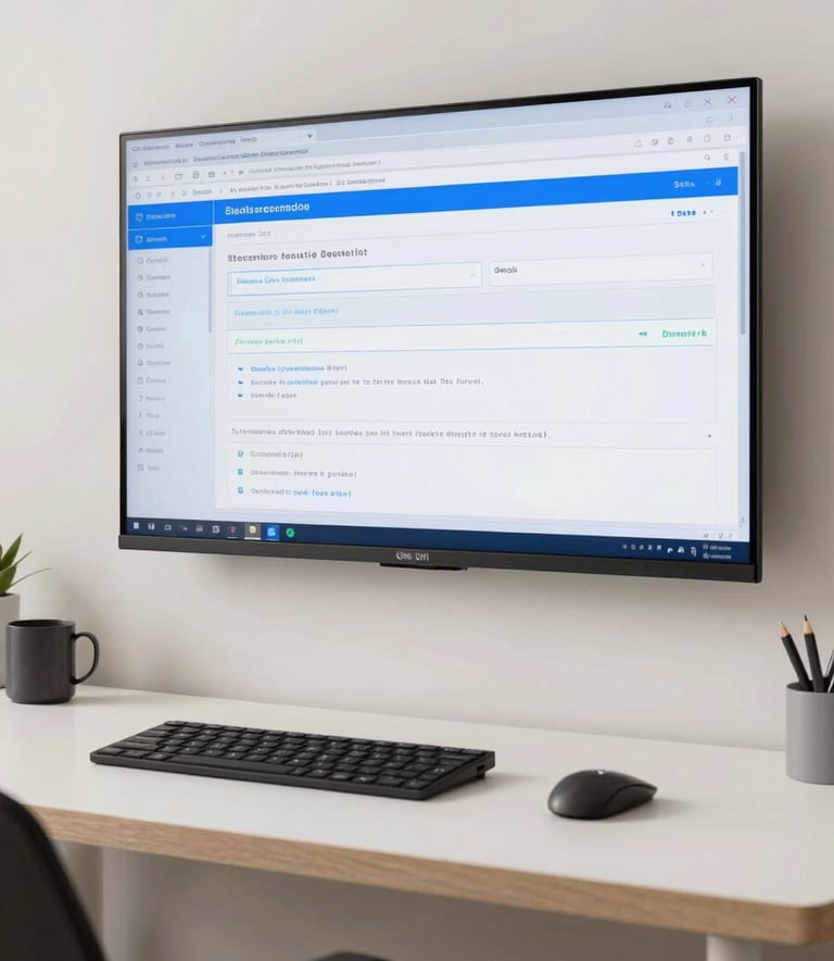 A clean, bright workspace in Latin American style with a large digital screen displaying data, professional atmosphere, dominated by off-white and medium blue colors.