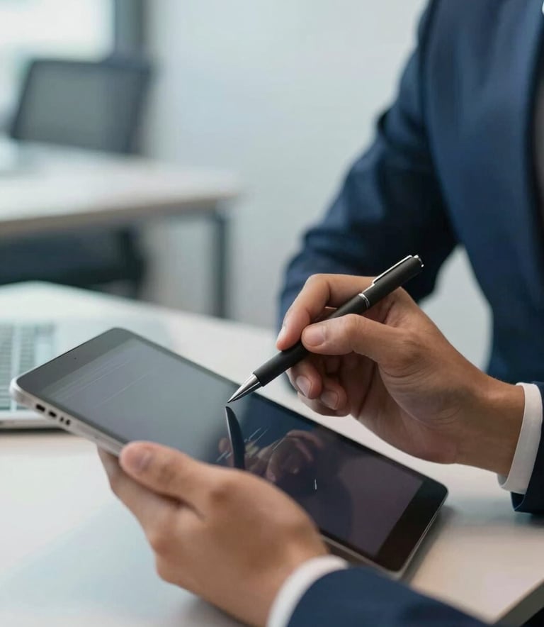 Close-up photography of a professional person's hands using a sleek tablet to complete digital registrations, setting in a modern Latin American office with soft daylight. The atmosphere is efficient and secure, incorporating navy blue and pale blue accents in the background.