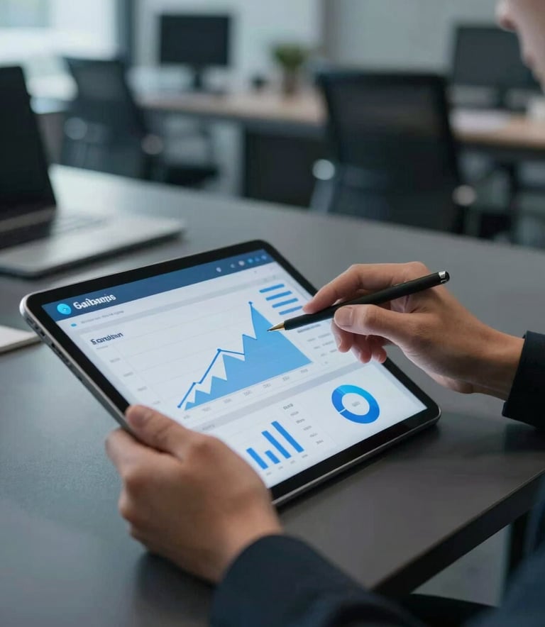A close-up photograph of a professional in a modern North American office using a tablet to review a sales automation dashboard with rising growth charts, clean and sophisticated lighting, featuring dark gray and blue tones.