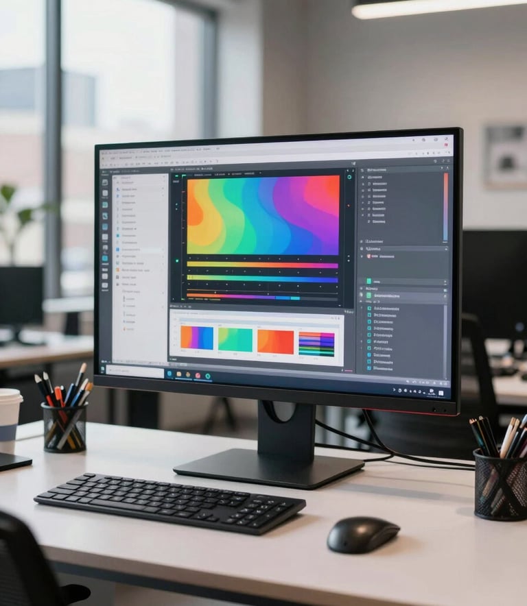 A bright photography of a modern creative studio in a US city. A workstation shows a large screen with vibrant and innovative graphic design projects, soft natural lighting, professional and dynamic atmosphere.