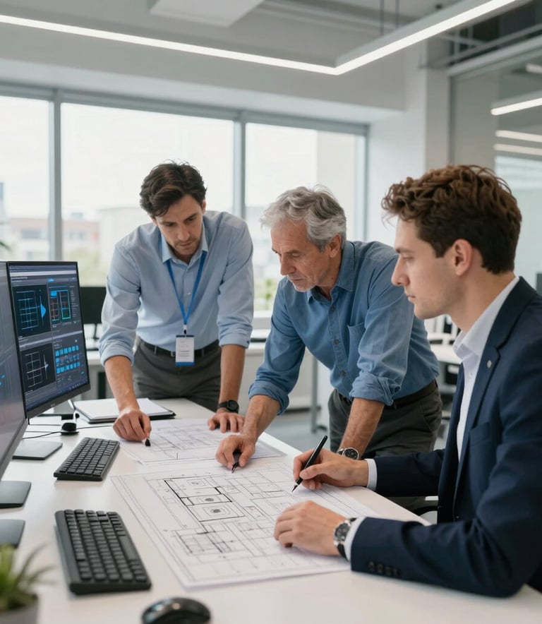 Professional team of experts in a modern, sunlit office in a Stredoeurópsky / Slovenský city, collaborating over blueprints and digital data, clean lines, professional charcoal and bright blue accents.