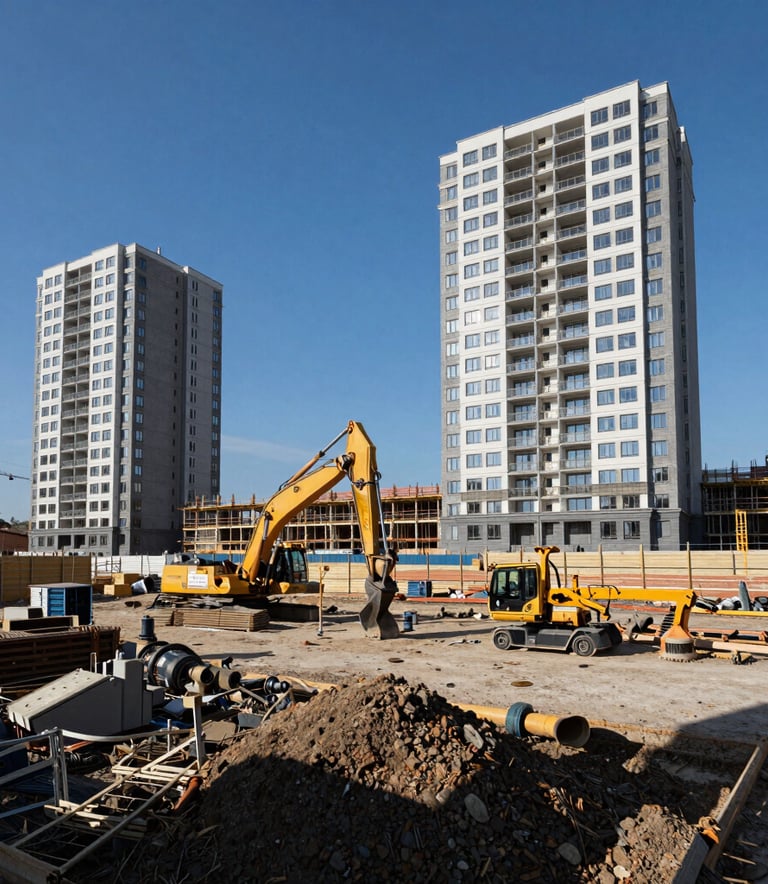 A professional wide-angle shot of a construction site in a Stredoeurópsky / Slovenský urban area with modern equipment and a clean blue sky, reflecting industrial reliability.