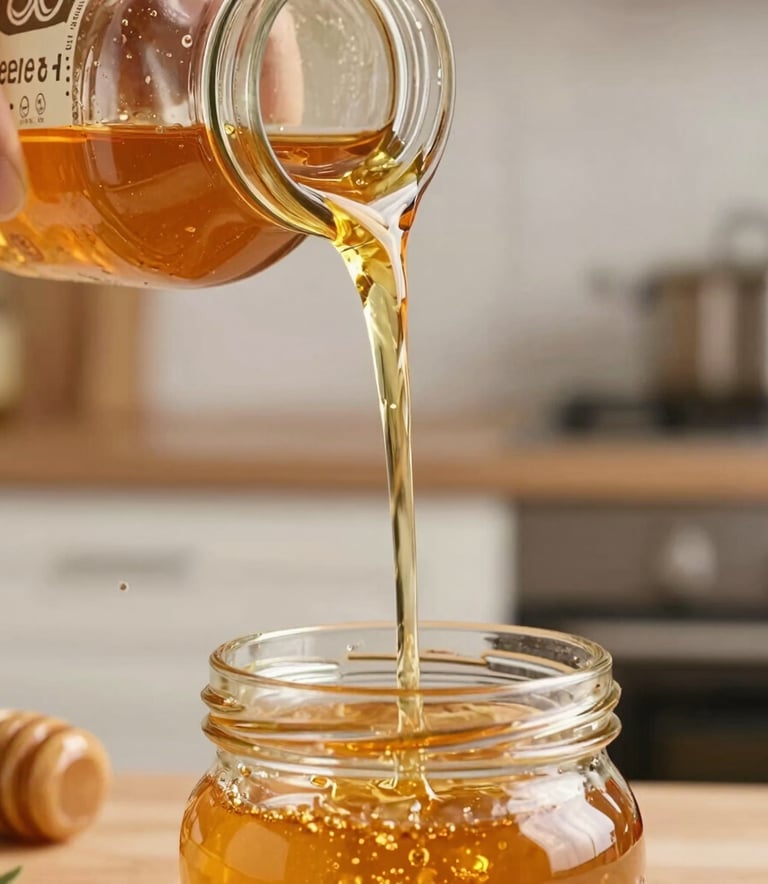 Close-up of golden honey being poured into a jar, professional food photography, warm lighting with a clean Stredoeurópsky / Slovenský kitchen backdrop.