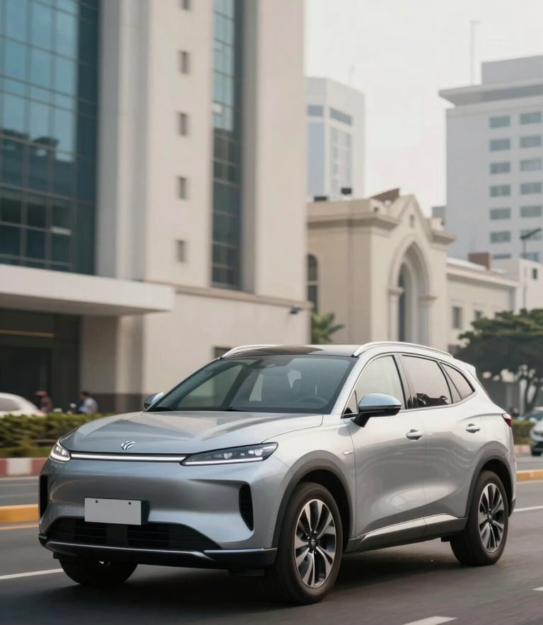 A modern silver SUV driving through the financial district of San Isidro in Lima, soft daylight, professional photography emphasizing vehicle security and protection, with soft off-white and medium blue tones in the environment.