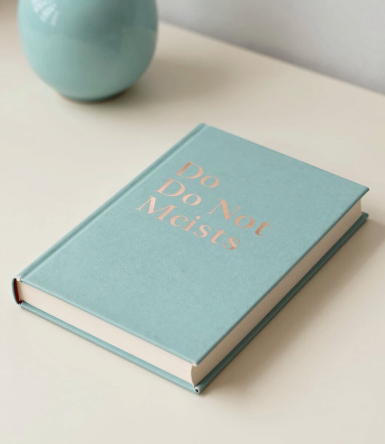A high-end, professional book mockup with a matte cover and rose gold foil lettering, placed on a clean cream-colored workspace with a soft turquoise vase in the background, embodying premium quality and a heavenly aesthetic.