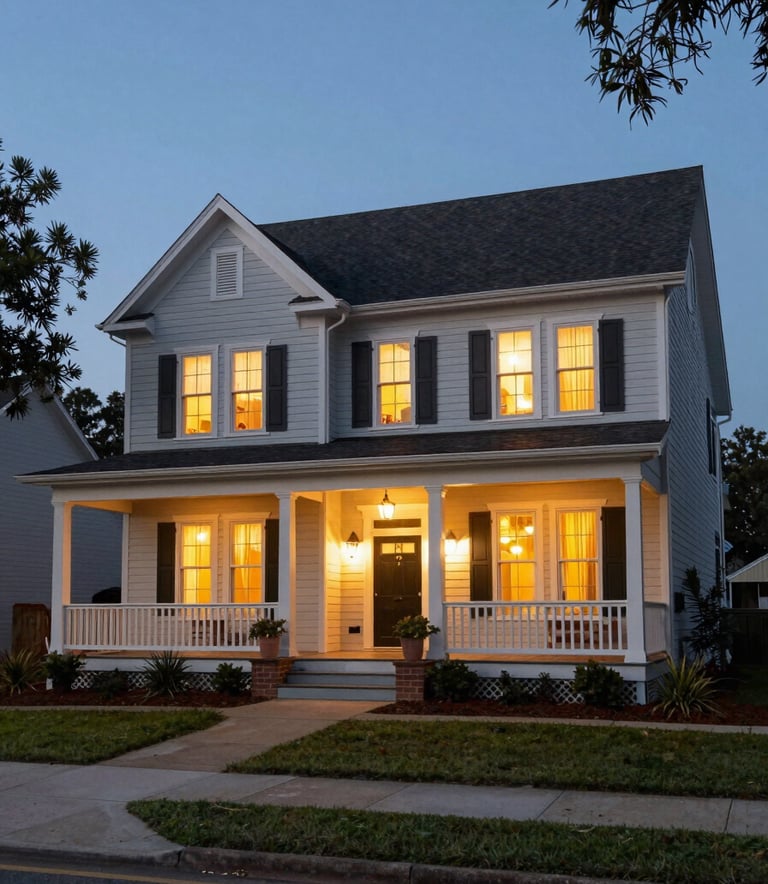 Exterior photography of a classic North American Gulf Coast home at dusk with warm porch lights, highlighting a safe and well-lit residential environment, professional and trustworthy mood.