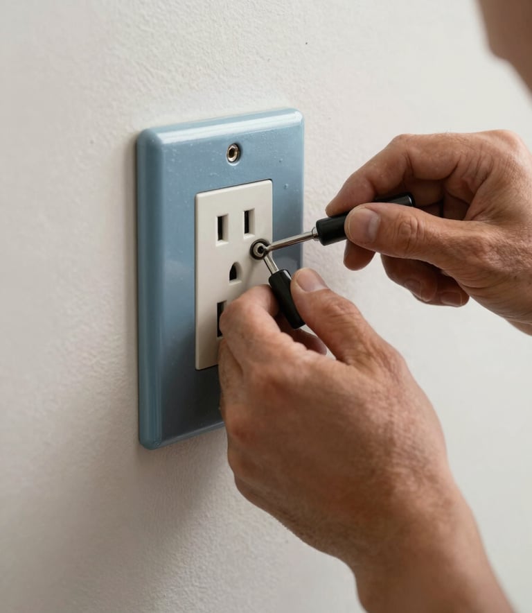 Close-up photography of a high-quality electrical outlet being expertly installed into a wall by a technician, clean and precise work, North American / US Gulf Coast home interior, steel blue and off-white color palette.