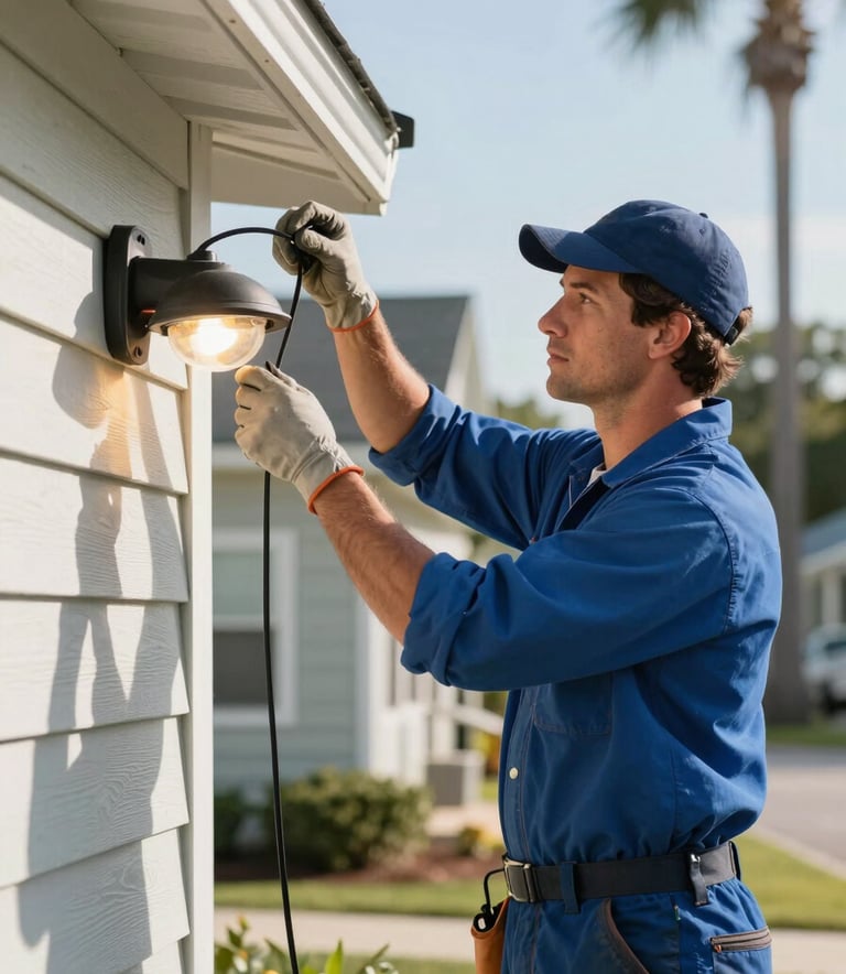 A professional electrician in a steel blue uniform working on a residential exterior lighting project in a North American / US Gulf Coast neighborhood. The lighting is bright afternoon sun, suggesting efficiency and reliability.