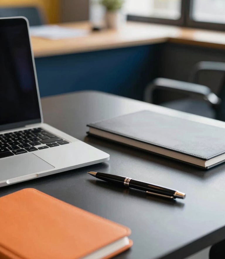 Detailed photography of a professional desk in a modern French office. A laptop, a sleek pen, and an orange notebook are neatly arranged. Soft natural light, deep blue and yellow brand colors subtly integrated in the decor. High-quality, elegant business setting.