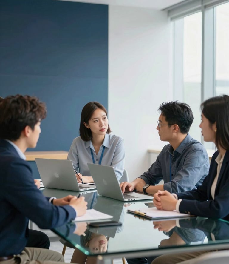 A clean, minimalist photography of a modern collaborative workspace in a North American corporate setting. Professionals are seen in soft-focus discussing career goals around a glass table. The lighting is bright and natural, reflecting a sophisticated atmosphere with accents of Dark Blue and Light Blue decor.
