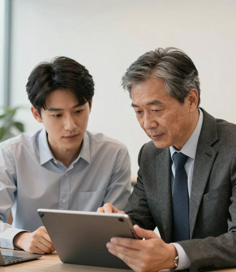 A professional mentoring session in a North American corporate office setting. A seasoned professional and a younger colleague are reviewing a project on a digital tablet together. The atmosphere is encouraging and sophisticated, with clean off-white backgrounds and soft lighting.