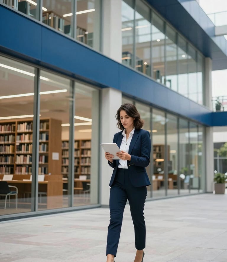 A wide photography shot of an empowered professional standing in a modern, glass-fronted library in the North American / US region. They are looking at a tablet with a confident expression. The style is modern and clean, with prominent Medium Blue and Off-White colors in the surroundings.