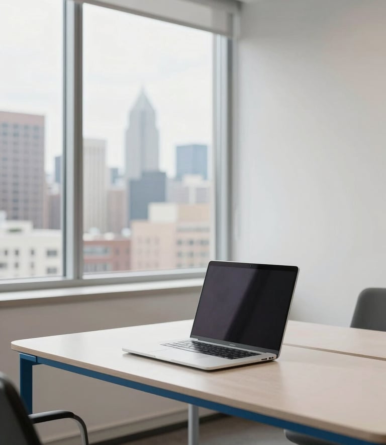 A bright, modern North American professional workspace featuring a minimalist desk with a high-end laptop and a view of a clean city skyline through a large window. The room is filled with soft natural light and decorated with subtle steel blue elements and off-white walls.