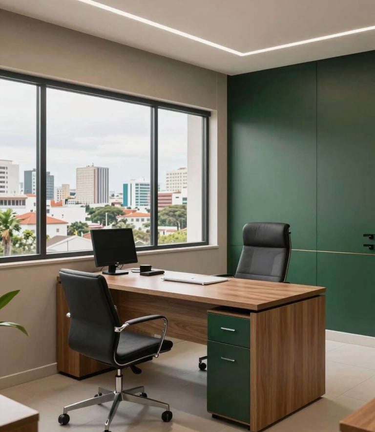 A sophisticated real estate office in Campinas with a view of the city, clean and modern interior design, featuring materials in beige and deep green tones, professional atmosphere.