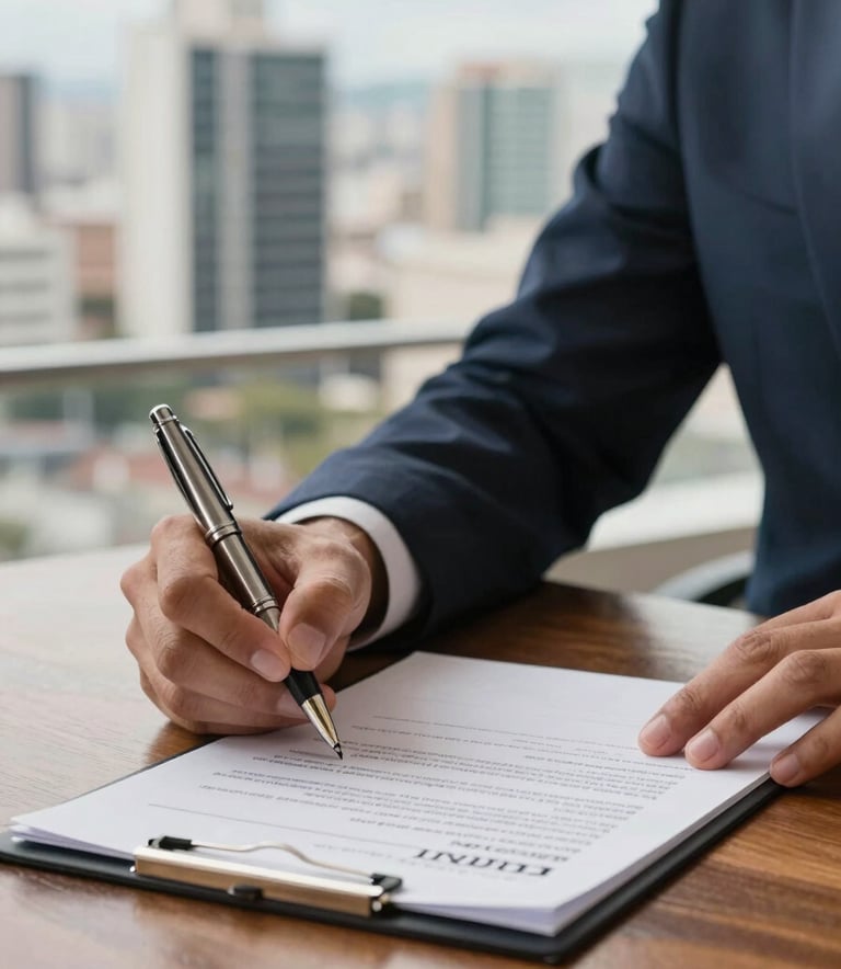 Close-up of hands signing a real estate contract on a polished wooden table, elegant pen, blurred view of a modern Brazilian city skyline in the background, bright professional lighting.