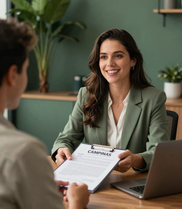 A professional real estate agent in a modern office in Campinas, South American setting, showing a property contract to a client, warm natural lighting, sage green and dark forest green office decor.