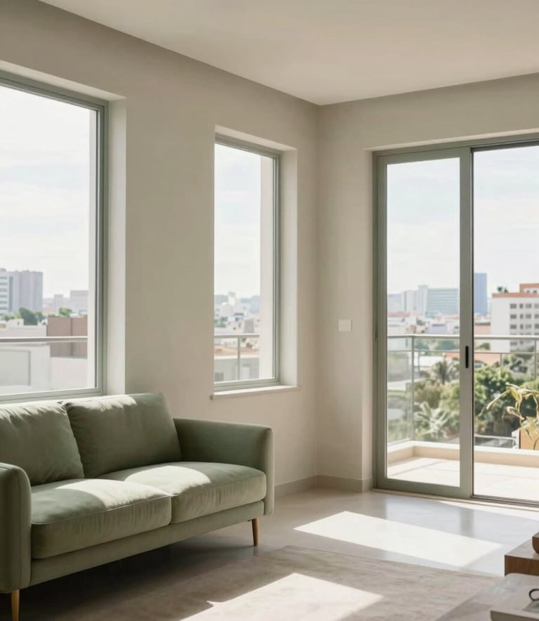 A bright and airy interior of a high-end Brazilian apartment in Paulinia, featuring minimalist decor with sage green and beige accents, soft natural light streaming through large windows, professional photography.