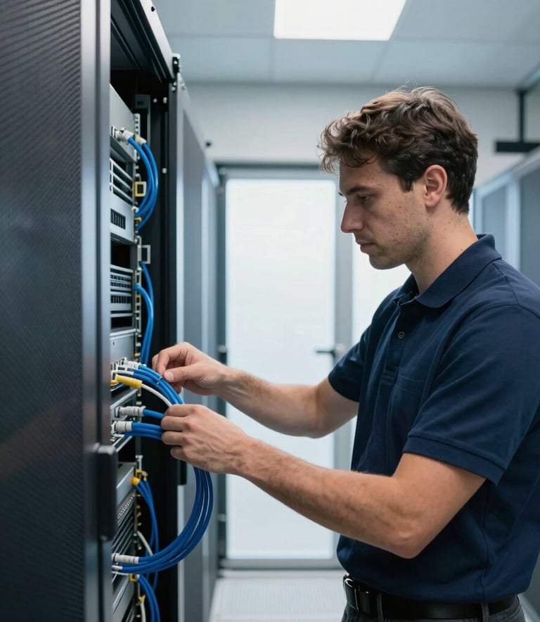 Wide-angle shot of a technician in a navy polo shirt neatly managing blue cables in a modern North American server room. Natural morning light, clean and professional.
