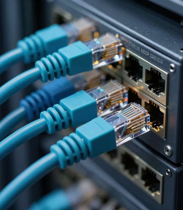 A detailed close-up photograph of high-quality ethernet cabling and networking hardware in a clean, organized data center. The lighting is crisp, emphasizing the teal and navy colors. North American commercial setting.